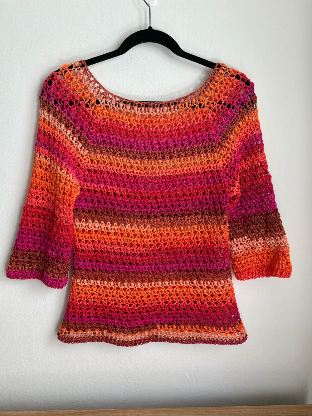 Open-Weave Striped Crochet Sweater in Magenta & Orange